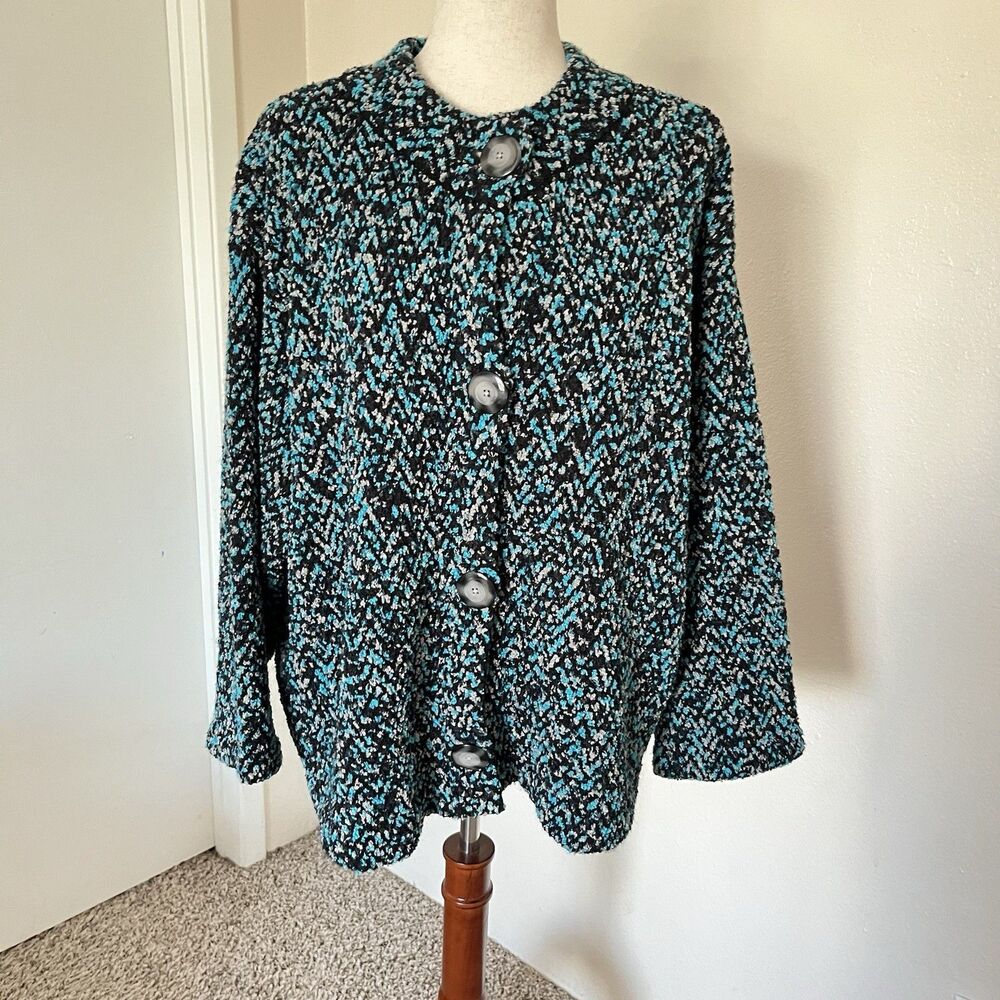 Jones New York Geometric textured black teal blue Jacket Button Down